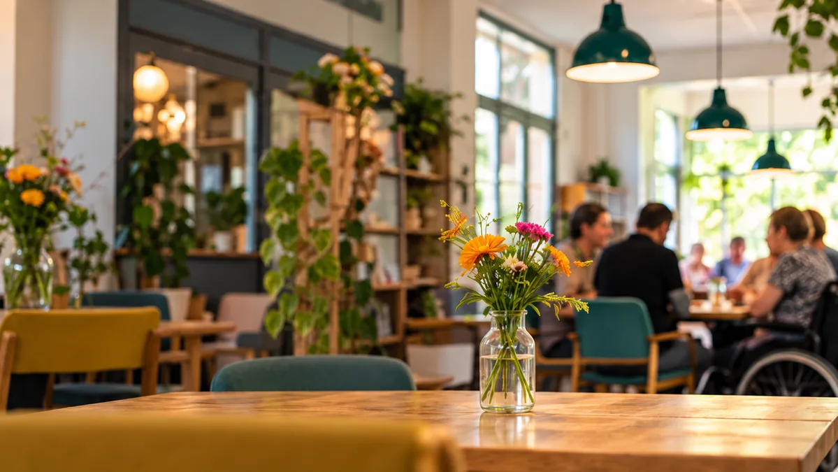 Gezellig café met houten tafels, groene lampen en wilde bloemen