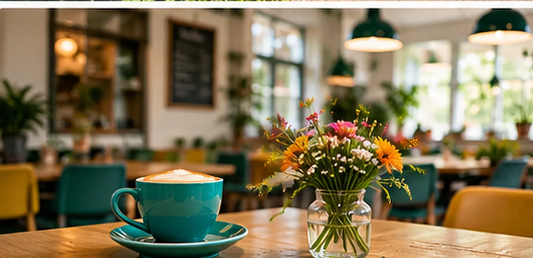 Een kop koffie en een vaasje bloemen op een tafel in het café