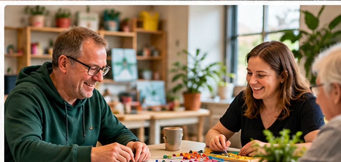 Twee mensen doen lachend samen een spel aan tafel