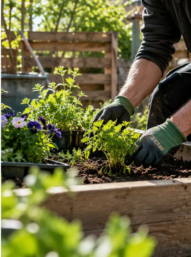 Handen met tuinhandschoenen planten bloemen in een plantenbak