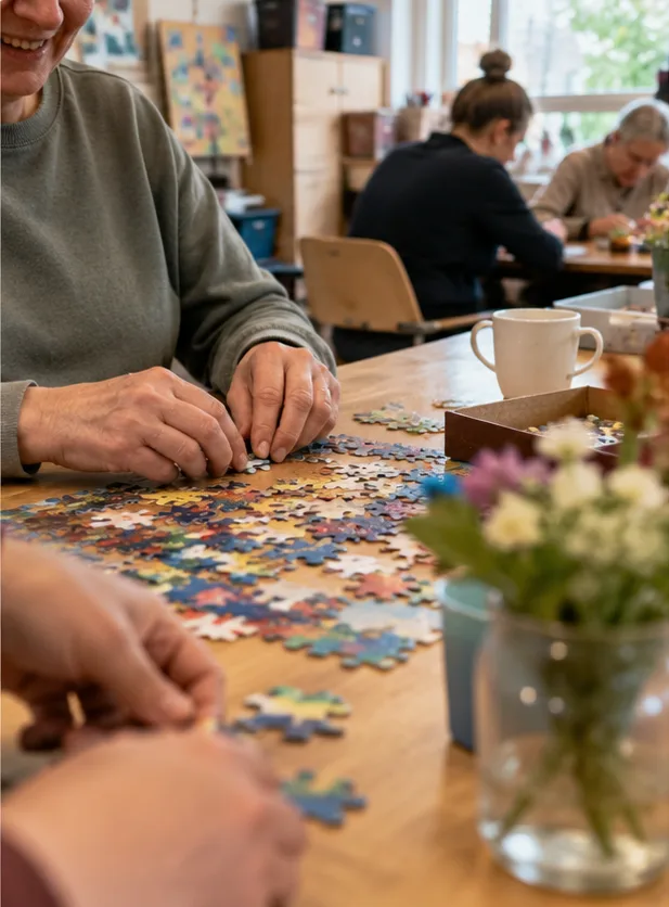 Mensen leggen samen een puzzel aan een tafel