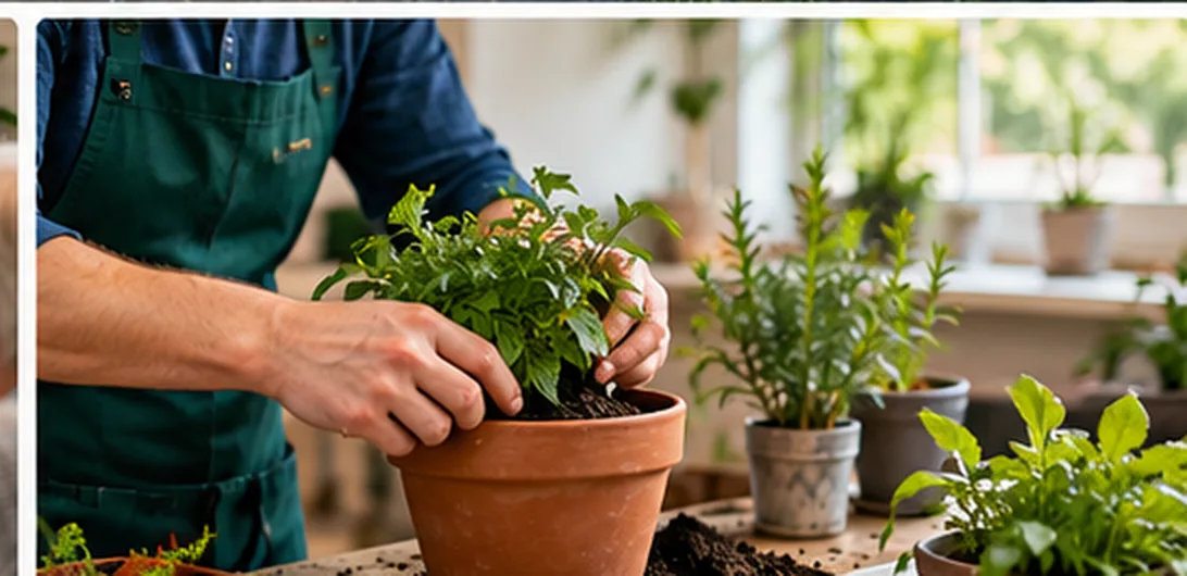 Iemand verpot een plant tussen het groen