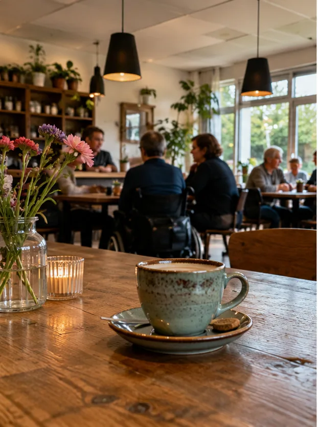 Een kop koffie op een houten tafel in het café, met gasten op de achtergrond
